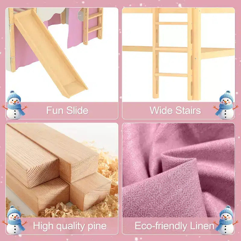 Twin/Full Size House Loft Bed with Slide, Lights, Tent & Safety Guardrails