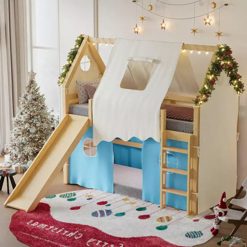 Twin/Full Size House Loft Bed with Slide, Lights, Tent & Safety Guardrails