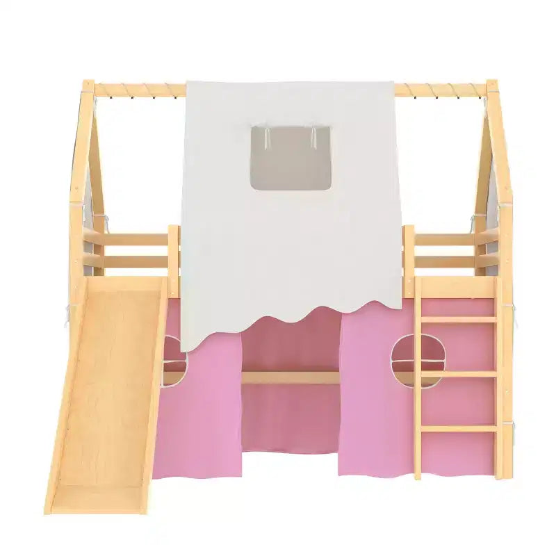 Twin/Full Size House Loft Bed with Slide, Lights, Tent & Safety Guardrails