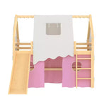 Letto a soppalco a forma di casetta Twin/Full con scivolo, luci, tenda e spondine di sicurezza