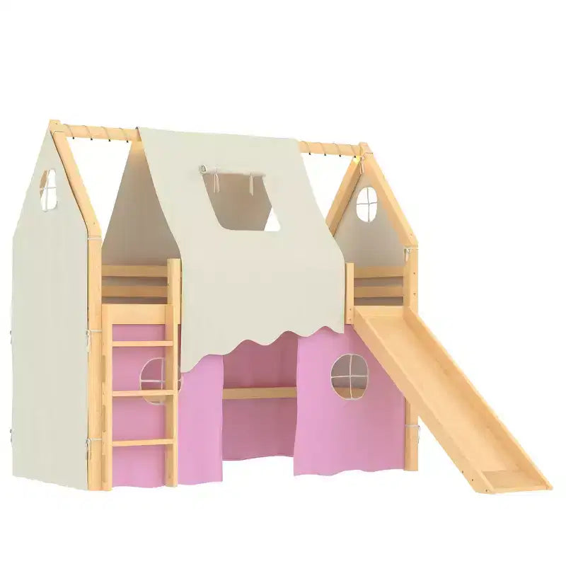 Twin/Full Size House Loft Bed with Slide, Lights, Tent & Safety Guardrails