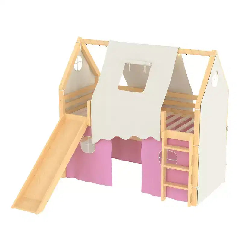 Twin/Full Size House Loft Bed with Slide, Lights, Tent & Safety Guardrails