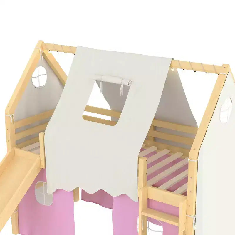 Twin/Full Size House Loft Bed with Slide, Lights, Tent & Safety Guardrails