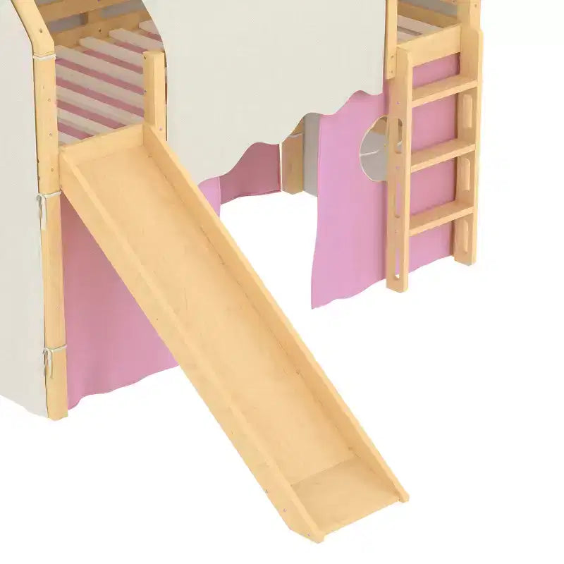 Twin/Full Size House Loft Bed with Slide, Lights, Tent & Safety Guardrails