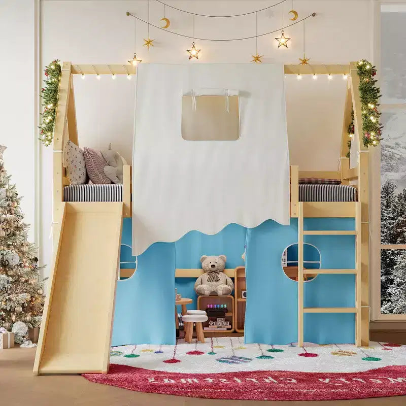 Twin/Full Size House Loft Bed with Slide, Lights, Tent & Safety Guardrails