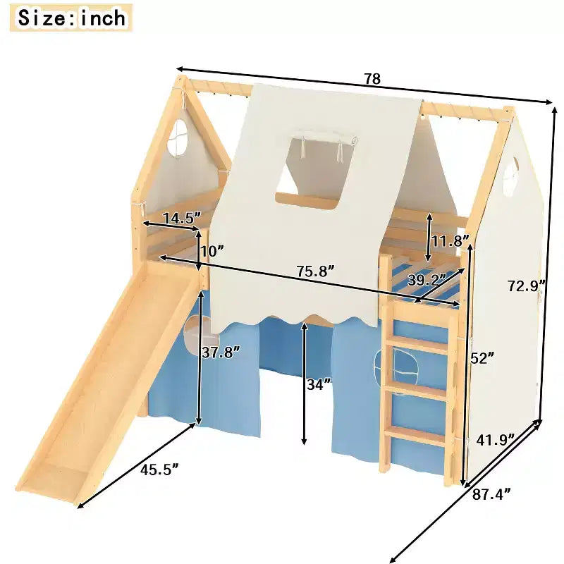 Twin/Full Size House Loft Bed with Slide, Lights, Tent & Safety Guardrails