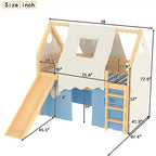 Letto a soppalco a forma di casetta Twin/Full con scivolo, luci, tenda e spondine di sicurezza