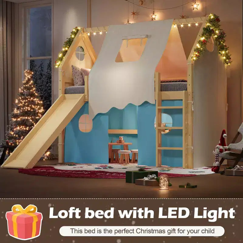 Twin/Full Size House Loft Bed with Slide, Lights, Tent & Safety Guardrails