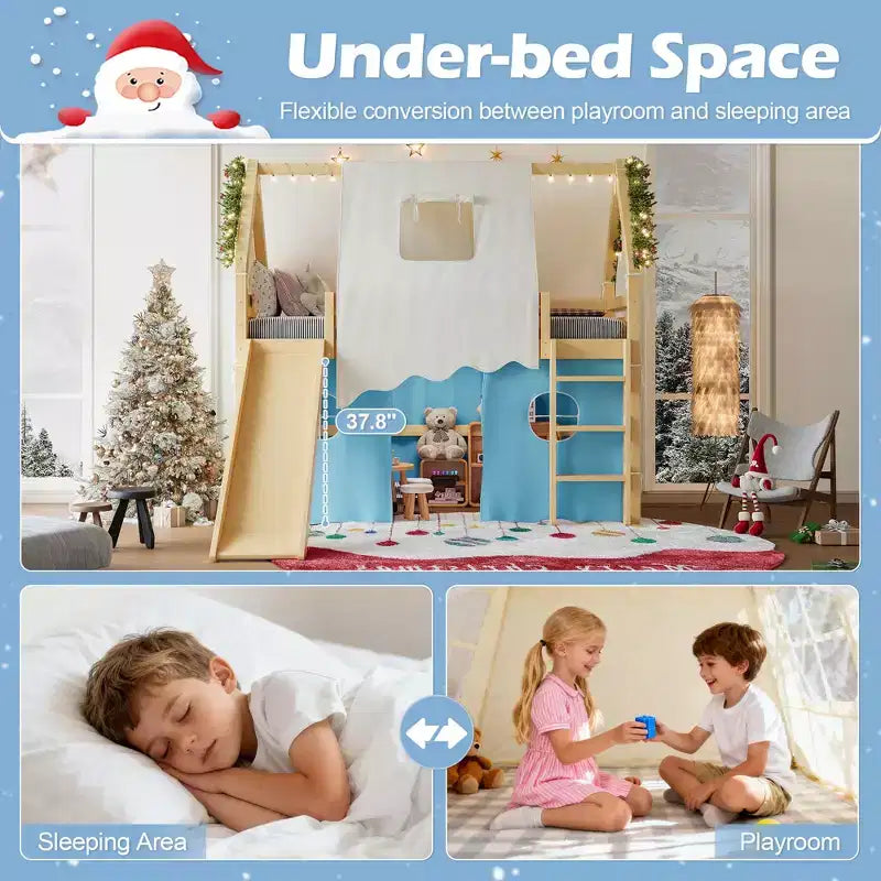 Twin/Full Size House Loft Bed with Slide, Lights, Tent & Safety Guardrails