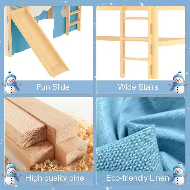 Twin/Full Size House Loft Bed with Slide, Lights, Tent & Safety Guardrails
