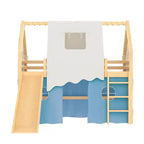 Letto a soppalco a forma di casetta Twin/Full con scivolo, luci, tenda e spondine di sicurezza