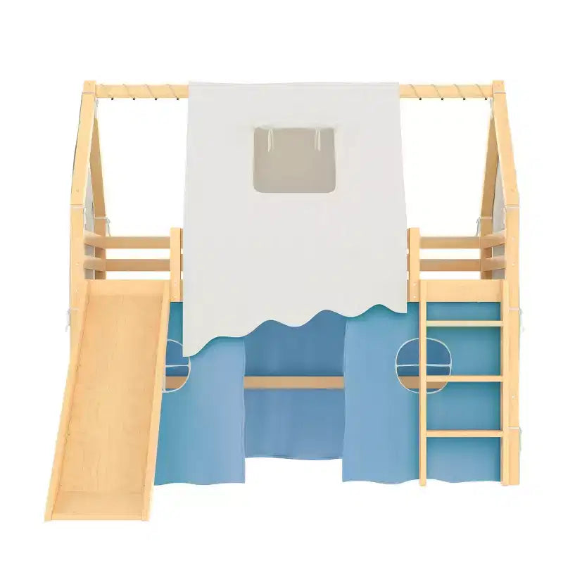 Twin/Full Size House Loft Bed with Slide, Lights, Tent & Safety Guardrails