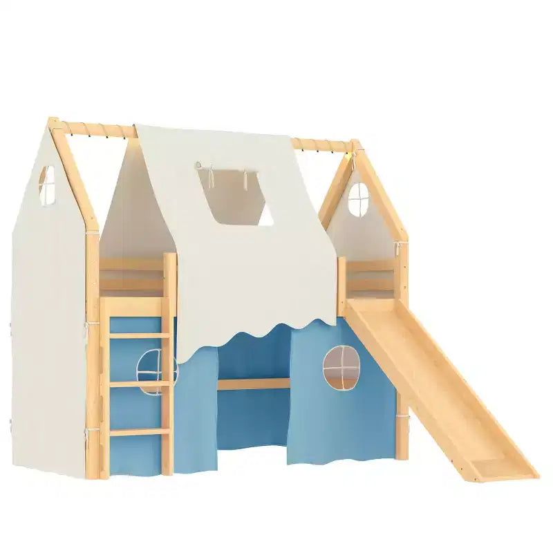 Twin/Full Size House Loft Bed with Slide, Lights, Tent & Safety Guardrails