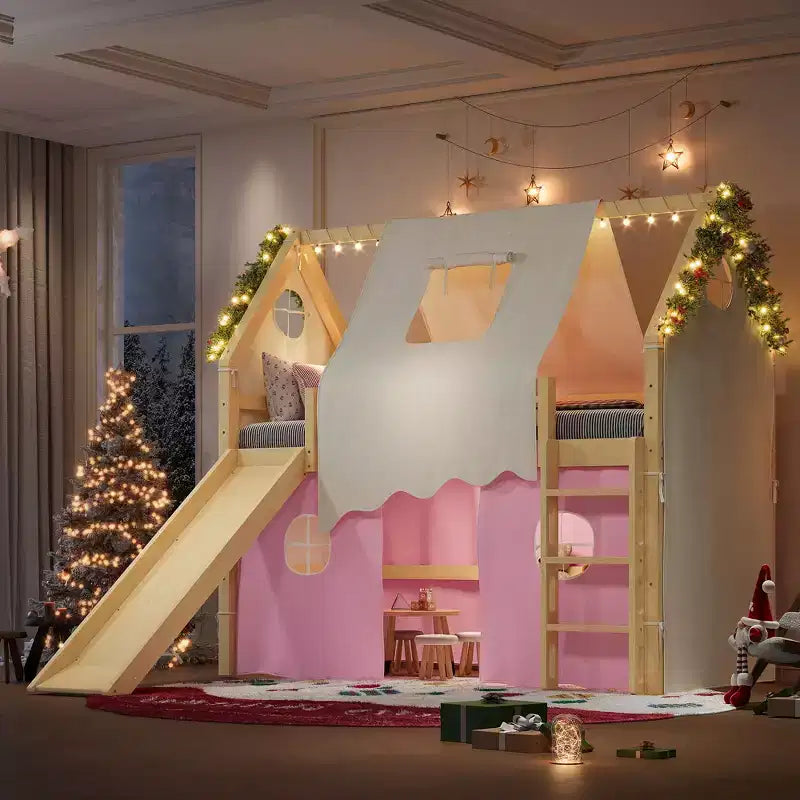 Twin/Full Size House Loft Bed with Slide, Lights, Tent & Safety Guardrails