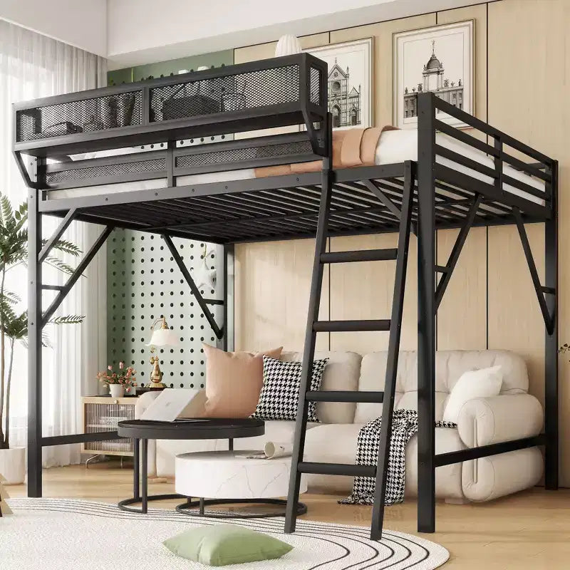 Metal High Loft Bed with Ladder and Storage Shelves – Full/Queen