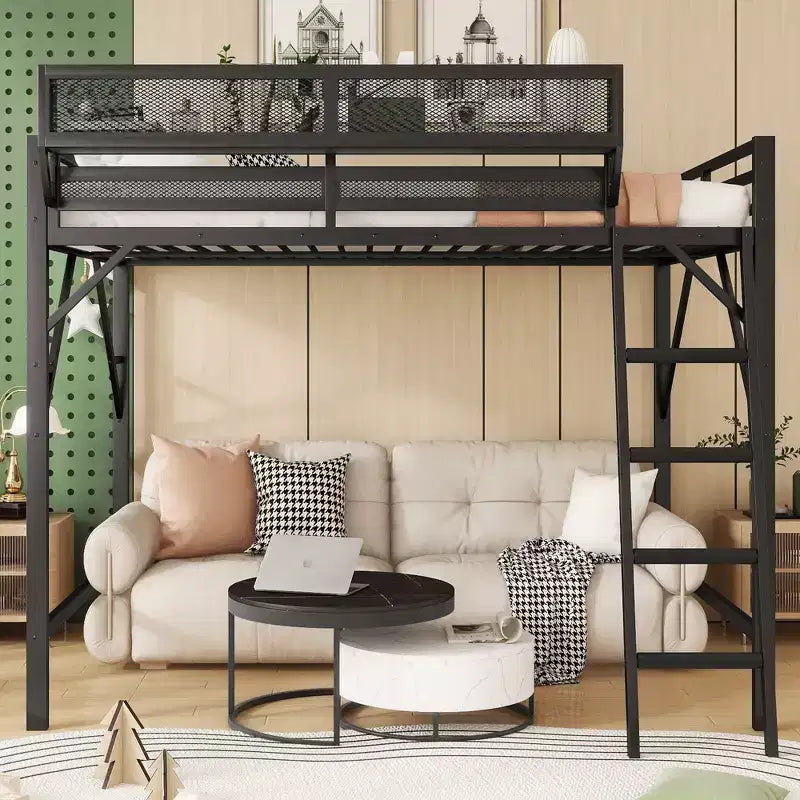 Metal High Loft Bed with Ladder and Storage Shelves – Full/Queen
