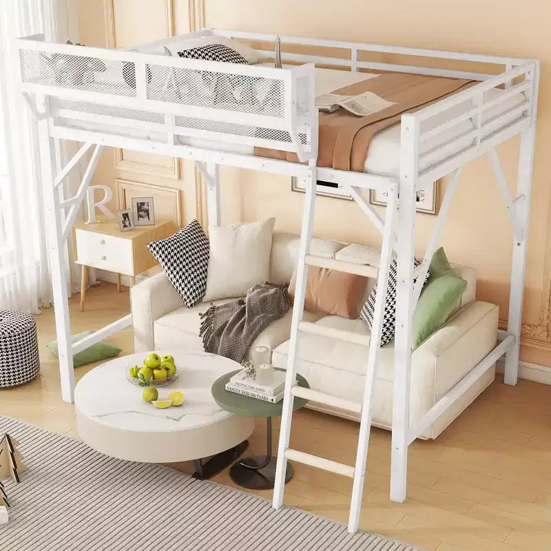 Metal High Loft Bed with Ladder and Storage Shelves – Full/Queen