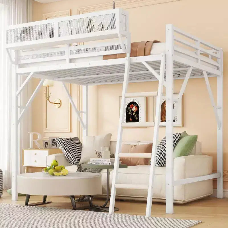 Metal High Loft Bed with Ladder and Storage Shelves – Full/Queen