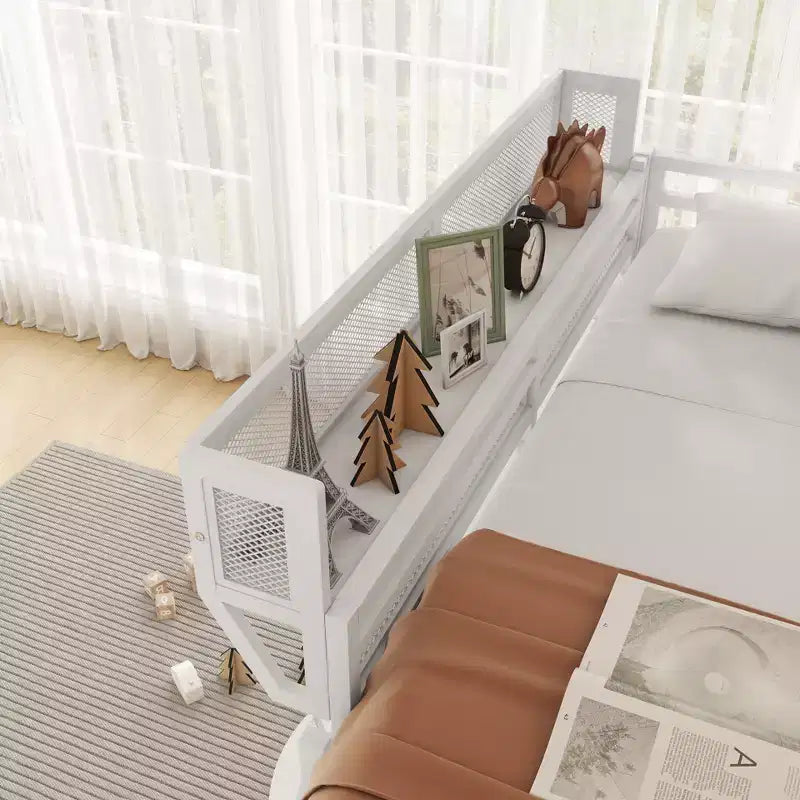Metal High Loft Bed with Ladder and Storage Shelves – Full/Queen