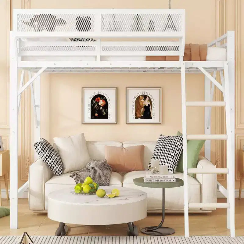 Metal High Loft Bed with Ladder and Storage Shelves – Full/Queen