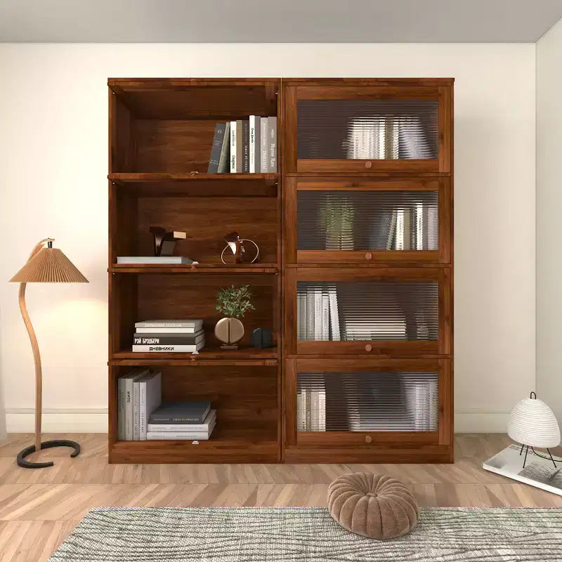 Floor-to-Ceiling Bookcase with Glass Doors and Drawers, 4-Tier Storage Cabinet