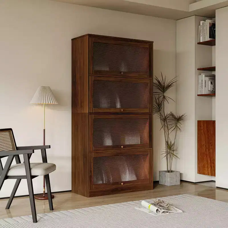 Floor-to-Ceiling Bookcase with Glass Doors and Drawers, 4-Tier Storage Cabinet