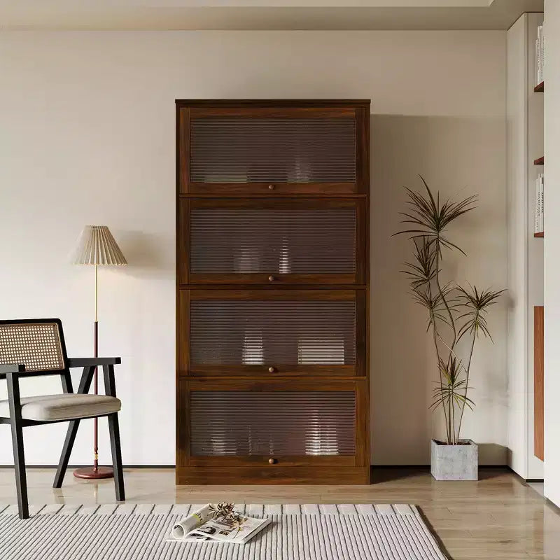 Floor-to-Ceiling Bookcase with Glass Doors and Drawers, 4-Tier Storage Cabinet