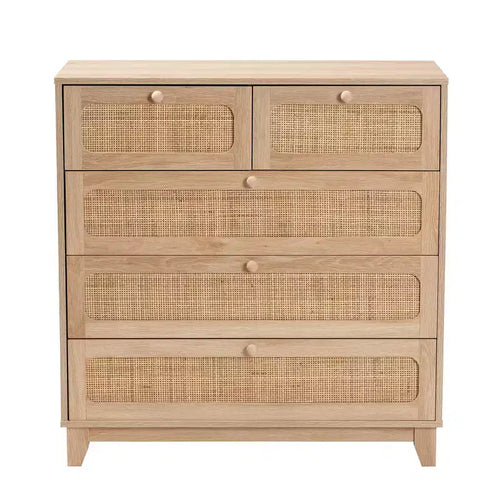 Elsbeth Wood and Natural Rattan 5 Drawer Storage Cabinet Oak Brown/Natural Brown - Baxton Studio