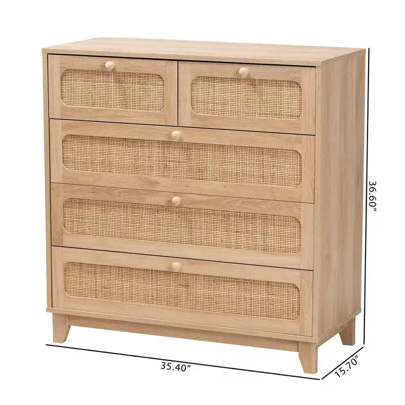 5-Drawer Wood and Rattan Storage Cabinet in Oak Brown