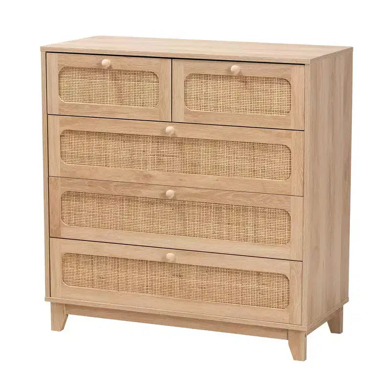 5-Drawer Wood and Rattan Storage Cabinet in Oak Brown
