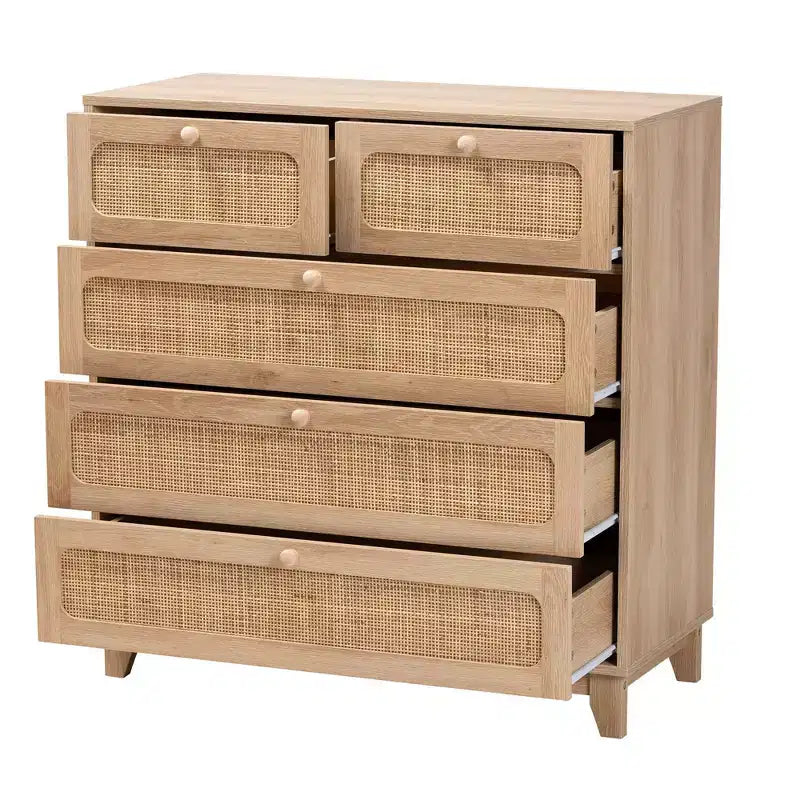 5-Drawer Wood and Rattan Storage Cabinet in Oak Brown