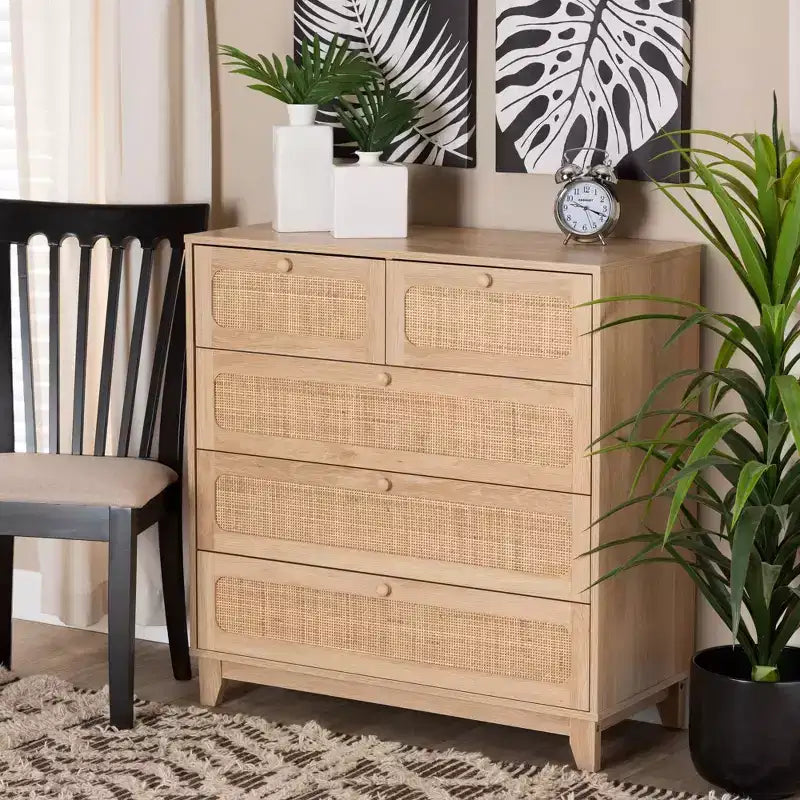 5-Drawer Wood and Rattan Storage Cabinet in Oak Brown