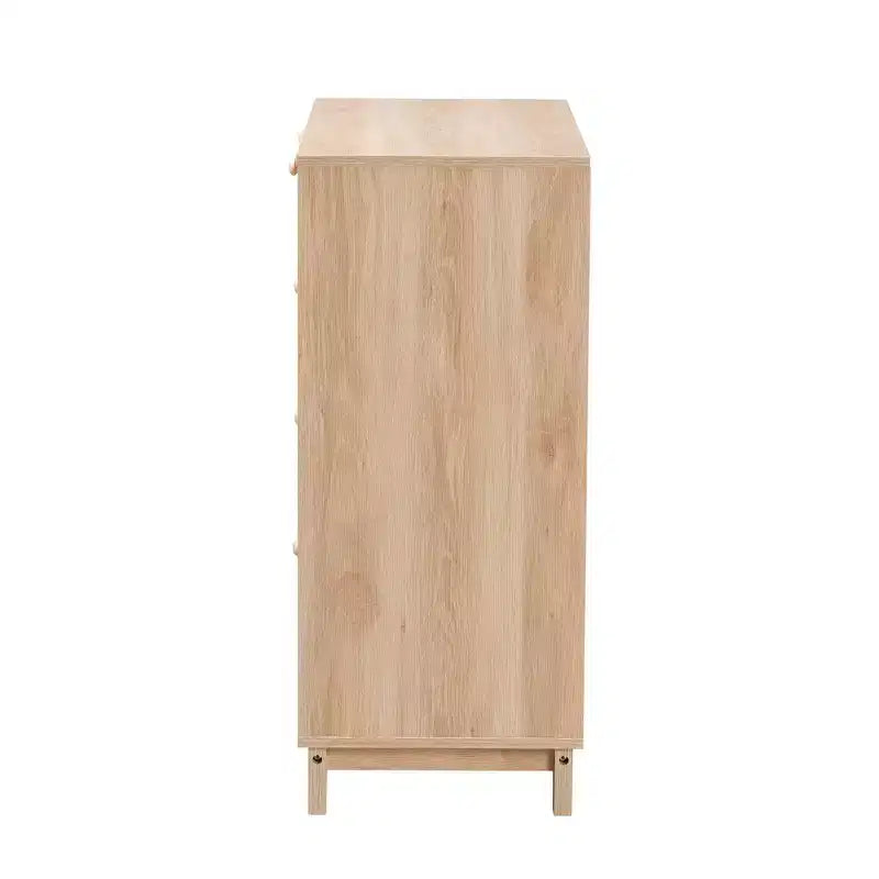 5-Drawer Wood and Rattan Storage Cabinet in Oak Brown