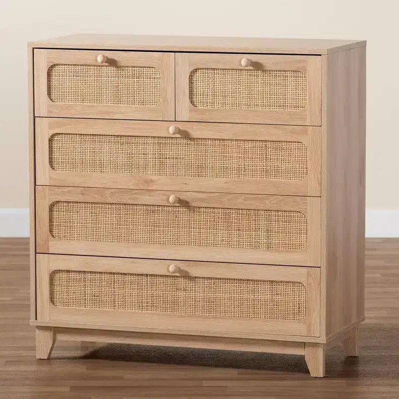 5-Drawer Wood and Rattan Storage Cabinet in Oak Brown