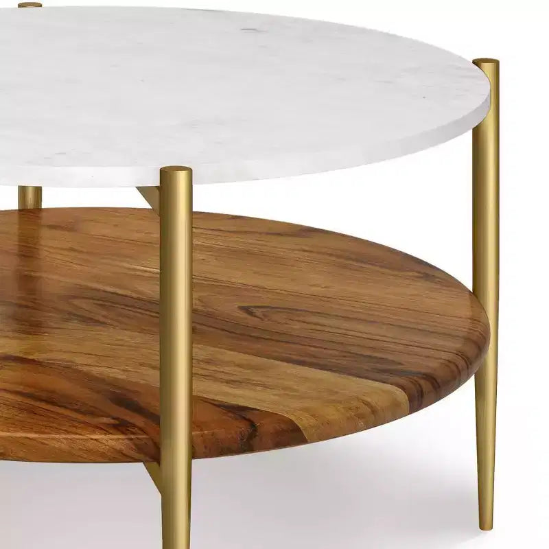 Round Marble Top Coffee Table with Acacia Wood Shelf and Metal Frame