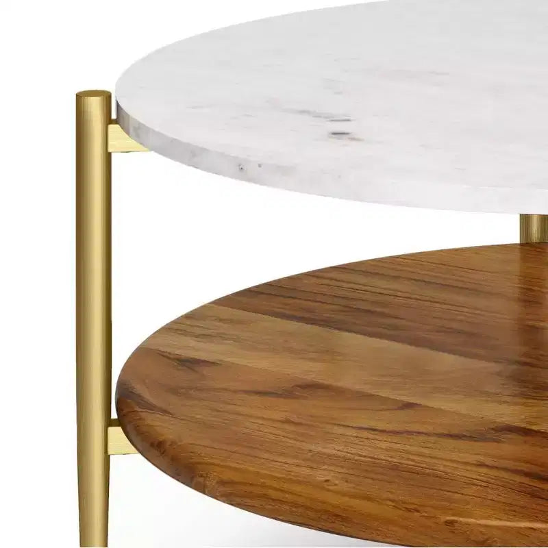 Round Marble Top Coffee Table with Acacia Wood Shelf and Metal Frame
