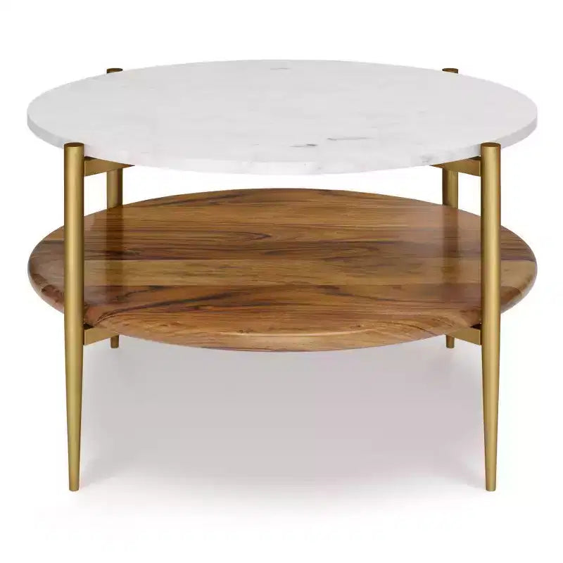 Round Marble Top Coffee Table with Acacia Wood Shelf and Metal Frame