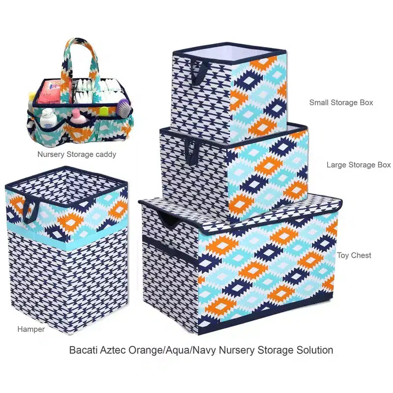 Kilim Print Collapsible Laundry Hamper – Aqua, Orange & Navy