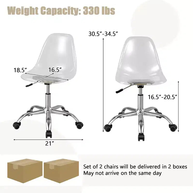 Set of 2 Rolling Acrylic Armless Desk Chair with Adjustable Height