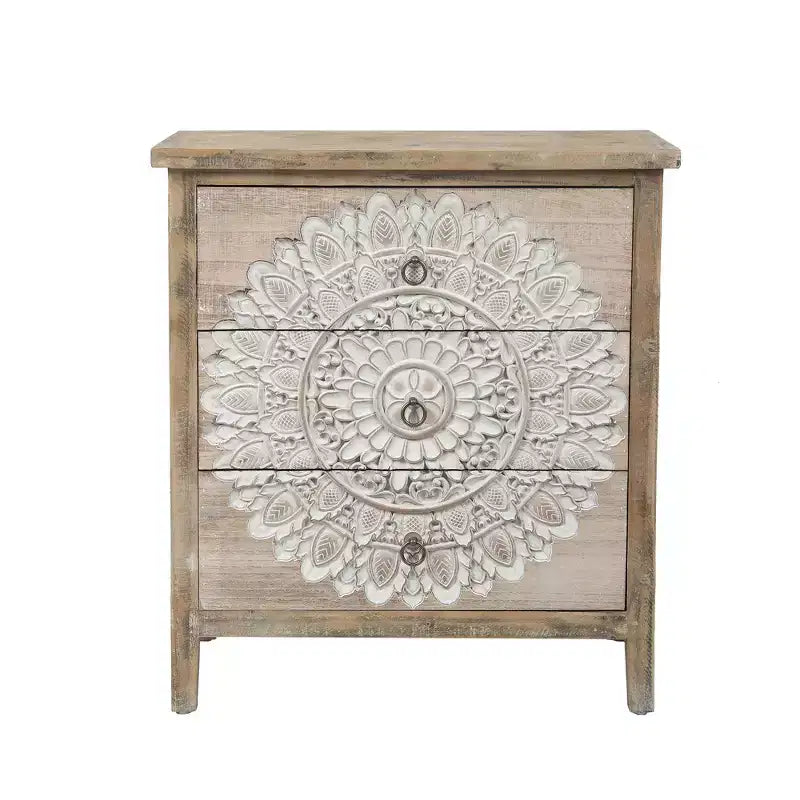 LuxenHome 3-Drawer 28.2 H x 25.2 W Natural Wood White Floral Accent Chest. Brown