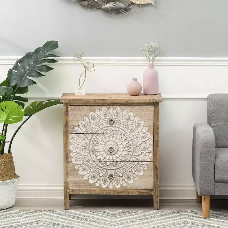 3-Drawer Accent Chest Table, Natural Wood & White Floral