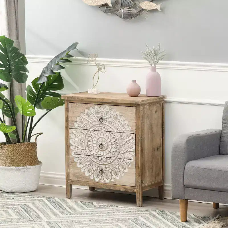 3-Drawer Accent Chest Table, Natural Wood & White Floral