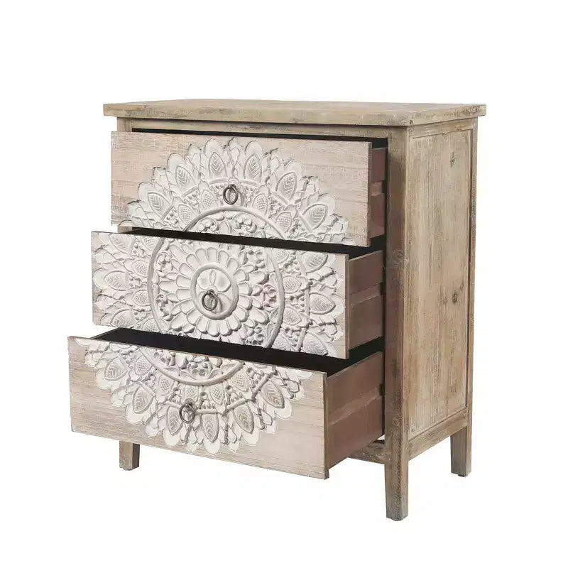 3-Drawer Accent Chest Table, Natural Wood & White Floral
