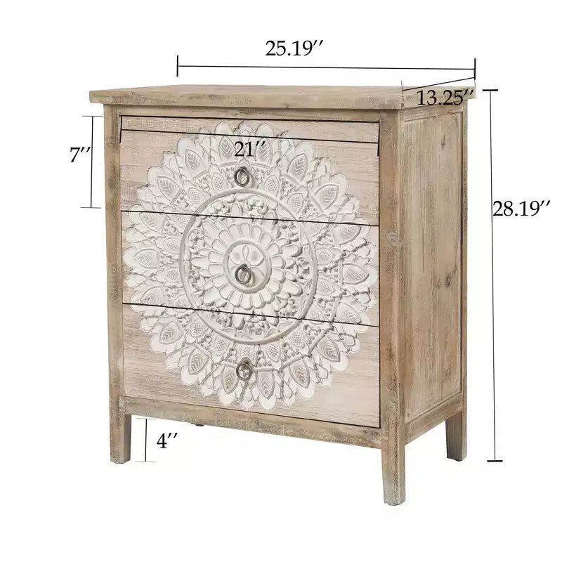 3-Drawer Accent Chest Table, Natural Wood & White Floral