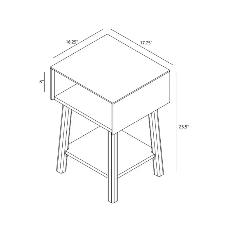 Nightstand with Cubby Shelf and Open Shelf, Solid Wood Bedside Table