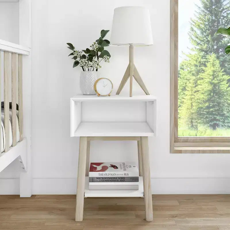 Nightstand with Cubby Shelf and Open Shelf, Solid Wood Bedside Table