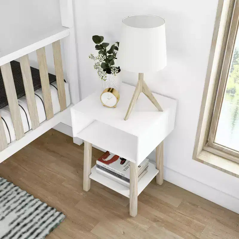 Nightstand with Cubby Shelf and Open Shelf, Solid Wood Bedside Table