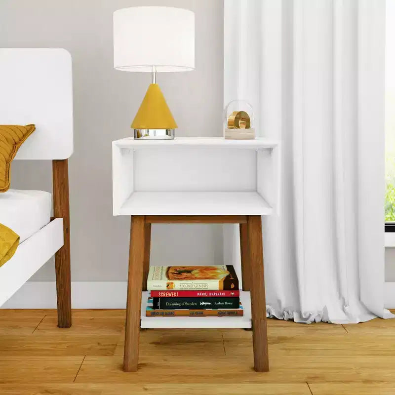 Nightstand with Cubby Shelf and Open Shelf, Solid Wood Bedside Table