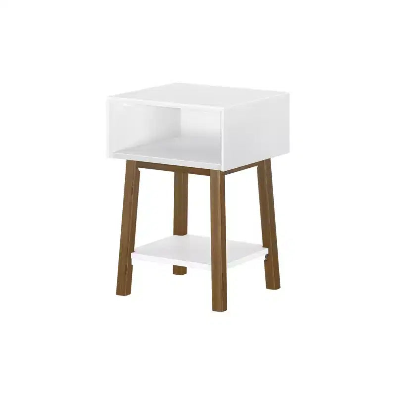Nightstand with Cubby Shelf and Open Shelf, Solid Wood Bedside Table