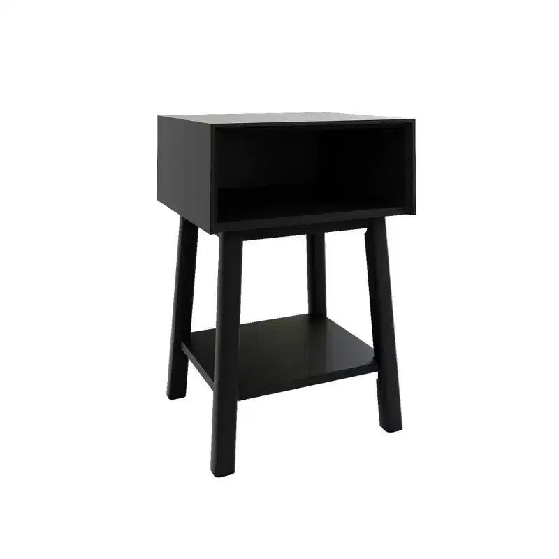 Nightstand with Cubby Shelf and Open Shelf, Solid Wood Bedside Table